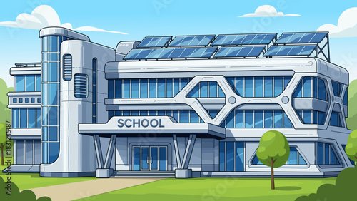 Futuristic school building with solar panels on the roof