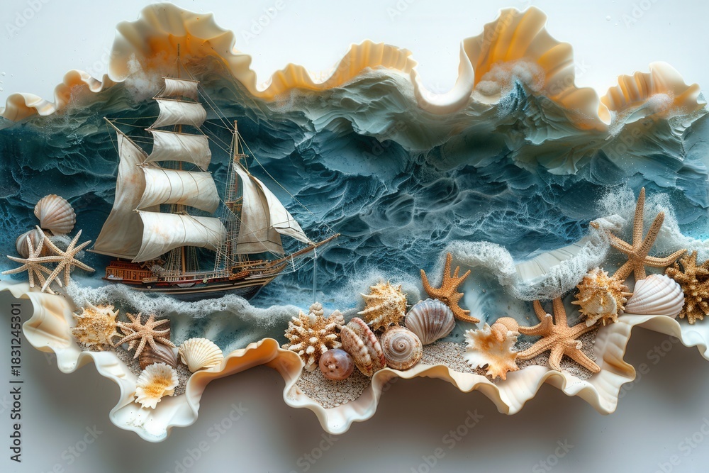 Obraz premium A sailboat skillfully navigates challenging seas, enveloped by vibrant coral and diverse seashell formations. This dynamic maritime scene evokes both power and tranquility.