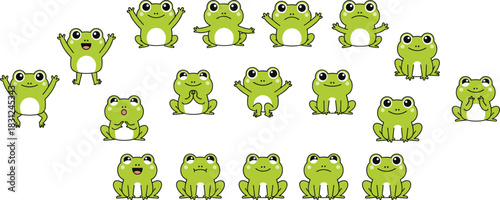 Cute Green Frog Cartoon Character Set with Different Emotions, Poses, and Facial Expressions, Isolated Vector for Children and Emoticon Design