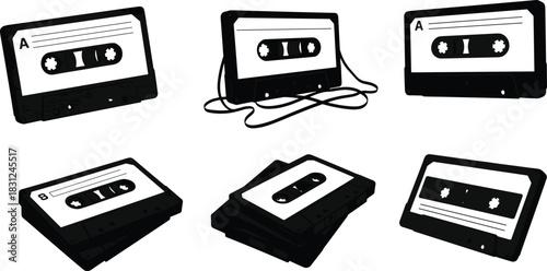 Retro Black and White Cassette Tapes Collection, Vintage Audio Media, Stacked and Scattered Analog Recording Cartridges, Music Nostalgia Graphic Vector Illustration.