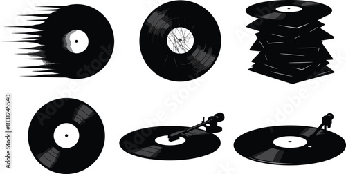 Dynamic Color Vinyl Records and Turntable Collection, Spinning LP Discs, DJ Equipment Setup, Music Player and Stack, Retro Analog Audio Media Vector Illustration.