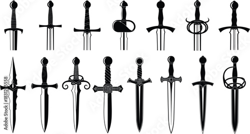 Set of 16 Medieval Swords, Daggers, and Fantasy Blades, Black Silhouettes Collection, Historical Weaponry Vector Graphic Design Elements.