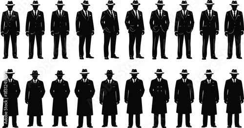 Vintage Gangster or Detective Silhouette Set, Men in Suits and Trench Coats with Fedora Hats, Mafia, Retro Crime, and Spy Vector Illustration