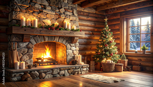 Rustic cabin interior with Nordic Christmas decorations and fire
