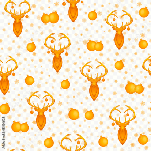 Seamless golden Christmas pattern with deer, Christmas balls, and snowflakes on a transparent background. Vector illustration.