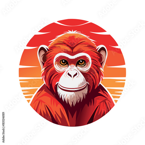 Canvas Print red monkey vector logo, with round sun in back ground