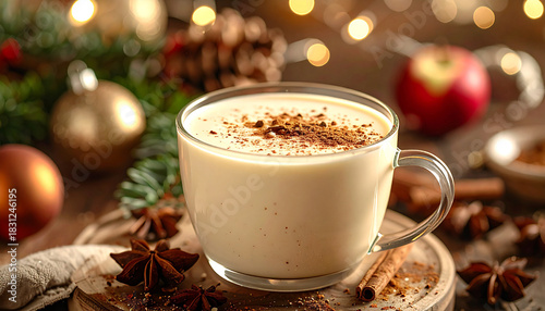 Close up of cup of eggnog with nutmeg sprinkle