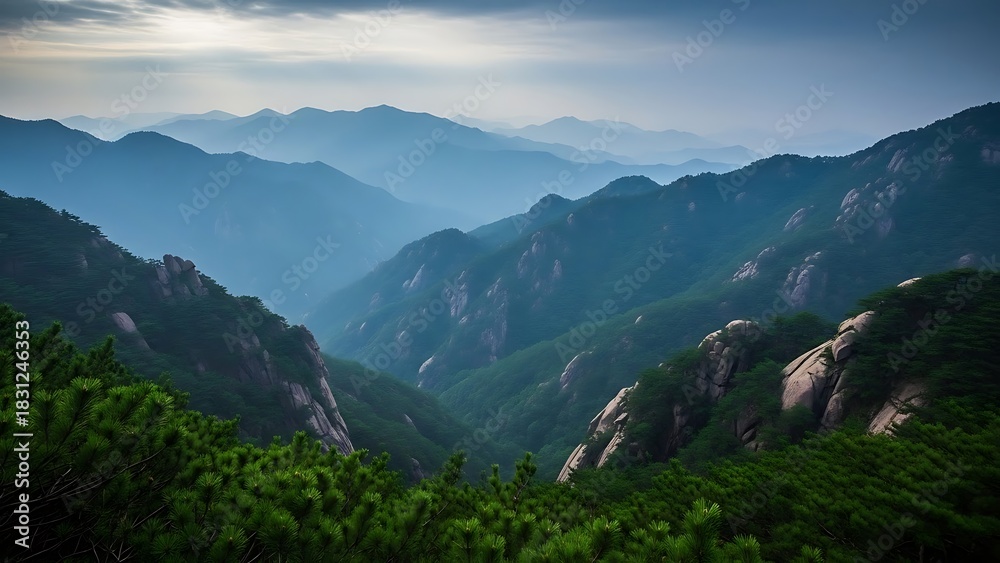 Fototapeta premium Scenic Mountain Range Landscape with Lush Pine Forests and Dramatic Skies