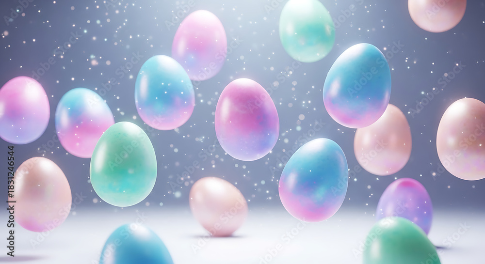 Naklejka premium Colorful Easter eggs floating in a dreamy pastel background 