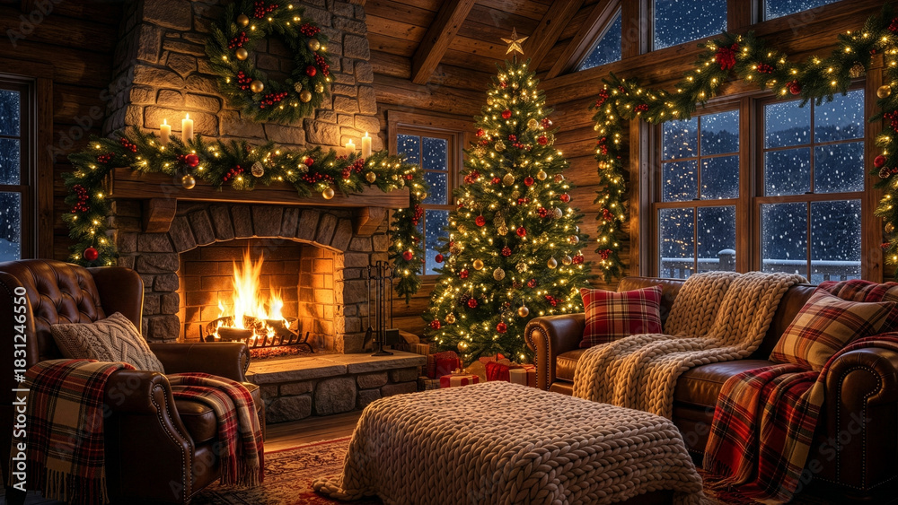 Fototapeta premium Cozy Rustic Log Cabin Living Room with Stone Fireplace, Decorated Christmas Tree, and Snowy Night View