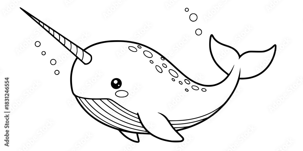 Obraz premium Cute Narwhal Vector Outline Magical Sea Creature Illustration for Children Coloring Book Design