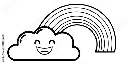 Cute Cloud and Rainbow Vector Outline Weather Illustration for Children Coloring Book Design