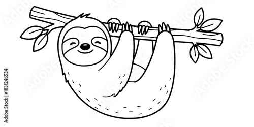 Smiling Sloth Hanging on Branch Vector Outline Jungle Animal for Children Coloring Book Page