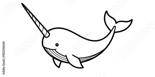 Cute Narwhal Vector Outline Magical Sea Creature Illustration for Children Coloring Book Design