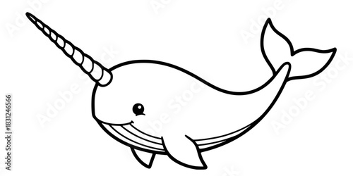 Cute Narwhal Vector Outline Magical Sea Creature Illustration for Children Coloring Book Design