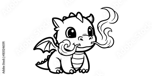 Cute Baby Dragon Vector Outline Fantasy Creature Illustration for Children Coloring Book Design