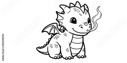 Cute Baby Dragon Vector Outline Fantasy Creature Illustration for Children Coloring Book Design
