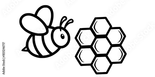 Cute Bee and Honeycomb Vector Outline Insect Illustration for Children Coloring Book Design