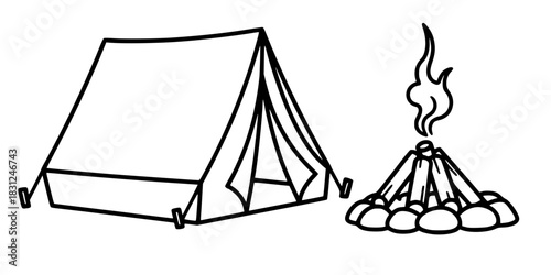 Camping Tent and Campfire Vector Outline Outdoor Adventure Illustration for Coloring Book