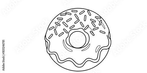 Donut with Sprinkles Vector Outline Sweet Dessert Illustration for Kids Coloring Book Page