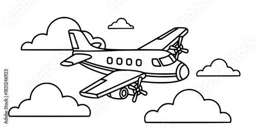 Airplane Flying in Clouds Vector Outline Aviation Illustration for Children Coloring Book Design