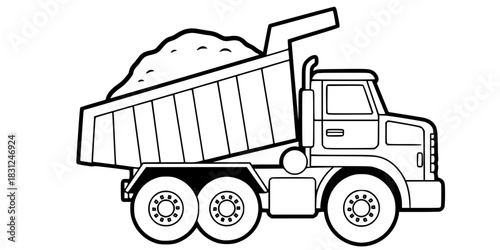 Dump Truck Vector Illustration Black and White Outline Construction Vehicle for Coloring Book