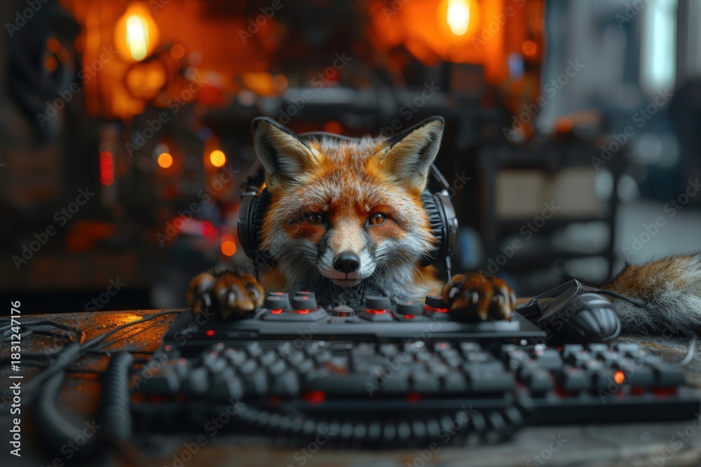 Obraz premium A playful fox is engrossed in typing on a computer keyboard while wearing headphones. This image evokes a sense of modern fun and connection.