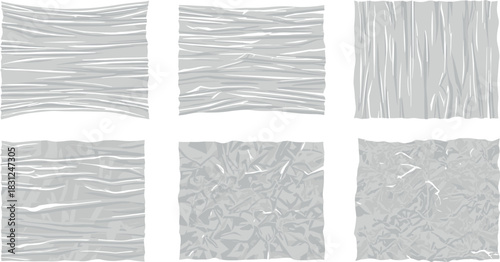 Illustration of six square sheets of wrinkled white plastic wrap
