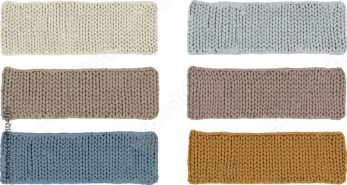Display of six knitted headbands in various colors on a white surface