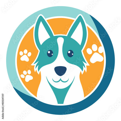 Cute dog stands cheerfully inside circle design