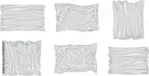 Collection of six transparent plastic wrap textures on white background