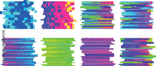 Abstract colorful pixelated and striped patterns on a white background