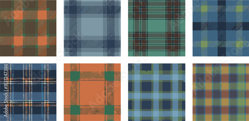 Collection of eight plaid patterns in various color schemes and designs