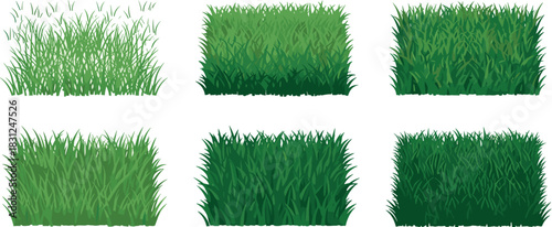 Six vector illustrations of green grass patches on a white background