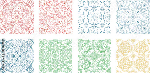 Eight square floral patterns in pastel colors on a white background