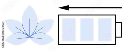 Renewable energy concept. Renewable energy with a floral element and battery. Renewable solutions with an arrow indicating efficiency. For sustainability, green technology, eco-friendly design