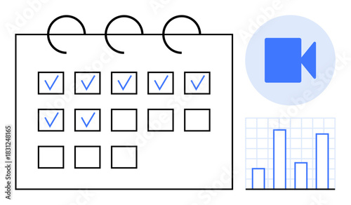 Calendar with checked tasks, video call icon, and bar graph suggesting planning, task completion, progress tracking, efficiency, time management, virtual meetings, and productivity in a simple flat