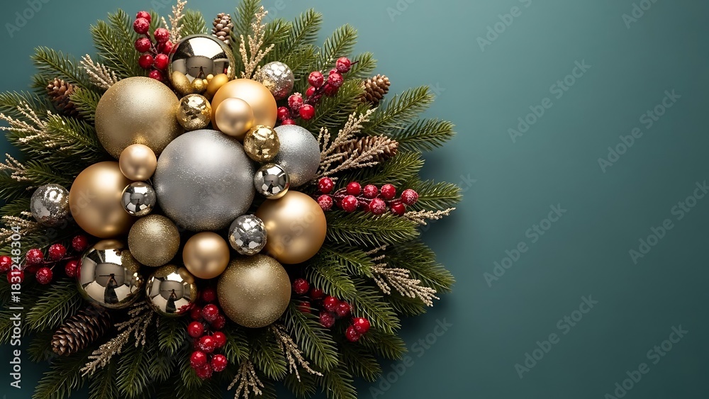Fototapeta premium Elegant Christmas wreath with gold and silver ornaments and red berries on a dark green background