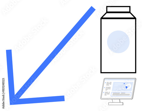 Downward arrow alongside product box and computer monitor displaying analytics. Ideal for market trends, economic shifts, recession, product impact, sales performance, analytics, simple flat metaphor