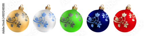Set of colorful christmas balls with floral pattern, isolated vector illustration
