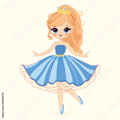Set of cute different nationalities little princess with beautiful eyes and golden crown. Poster, Banner, Flyer, Greeting Card. Vector illustration in flat drawn cartoon style