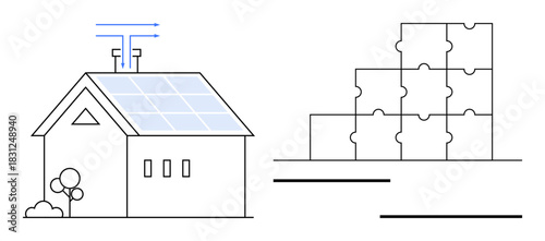 Renewable energy focus. Renewable energy by a home with solar panels eco-friendly living. Renewable energy highlighting sustainable housing and modular design. For tech