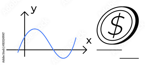 Line graph with curved trajectory and large dollar coin representing economic trends, investment, and profit. Ideal for business, market data, finance, planning, accounting, forecasting simple flat