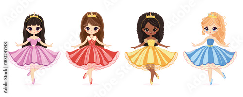 Set of cute different nationalities little princess on white background. Poster, Banner, Flyer, Greeting Card. Vector illustration in flat drawn cartoon style