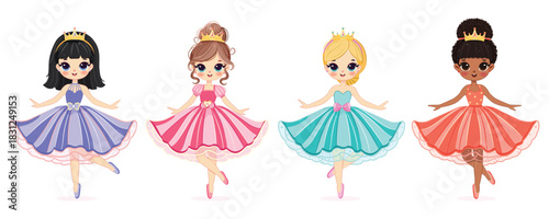 Set of cute different nationalities little princess on white background. Poster, Banner, Flyer, Greeting Card. Vector illustration in flat drawn cartoon style