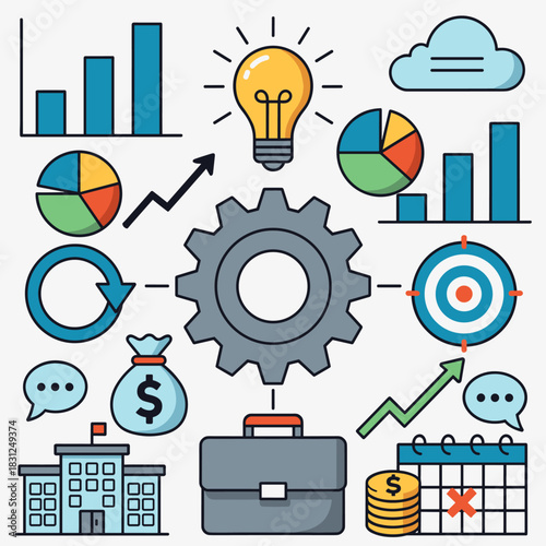Business planning icons with gears charts and growth elements
