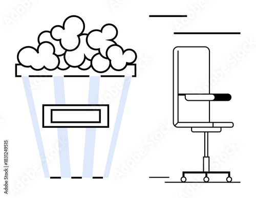 Popcorn bucket beside a sleek office chair represents leisure and productivity. Ideal for work-life balance, relaxation, productivity, comfort, flexibility, time management, or duality. Simple flat