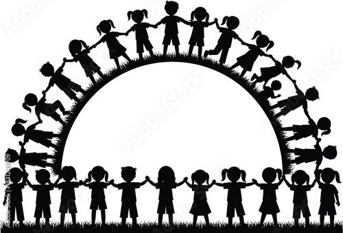 Children unity silhouette vector, holding hands illustration, community harmony artwork, inclusive group design, black white symbolic social concept