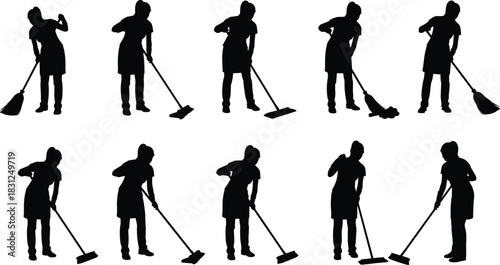 Cleaning activity silhouette vector set, household chore poses illustration, black white domestic work artwork, broom mop vacuum design