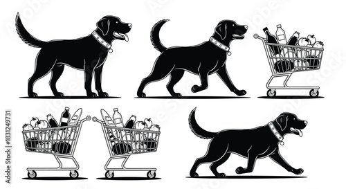 Dog with grocery cart vector, shopping scene silhouette, pet walking illustration, black white retail concept, motion sequence art